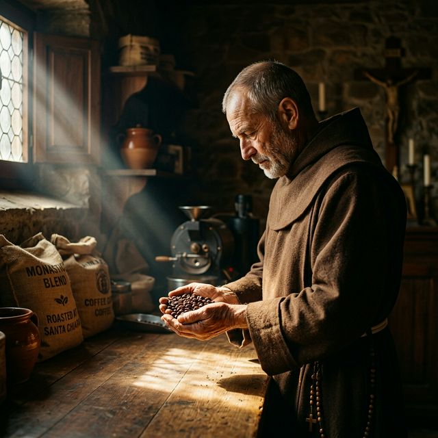 Benedictine monk inspecting freshly roasted coffee beans
