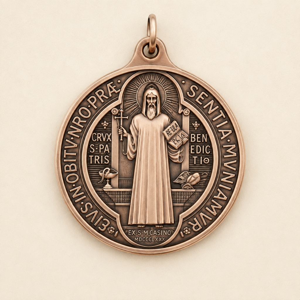 Front of the St. Benedict Medal showing St. Benedict with Cross and Rule