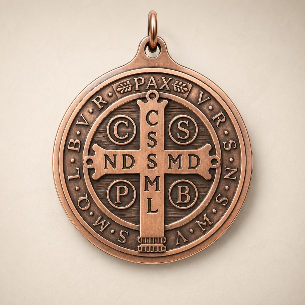 Reverse of the St. Benedict Medal featuring the Cross and Inscriptions